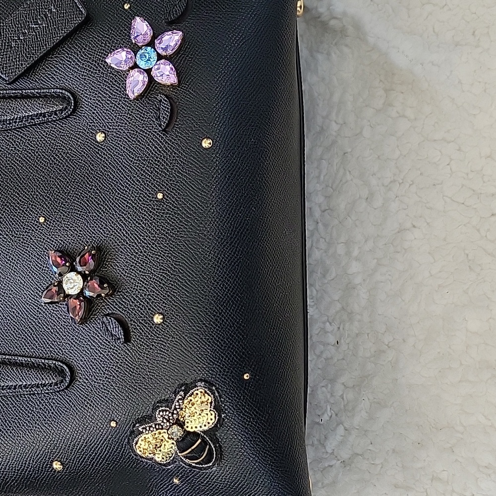 Coach Carryall Bag Black Pebble leather with embroidery Bee and Crystal Flowers - Picture 2 of 7